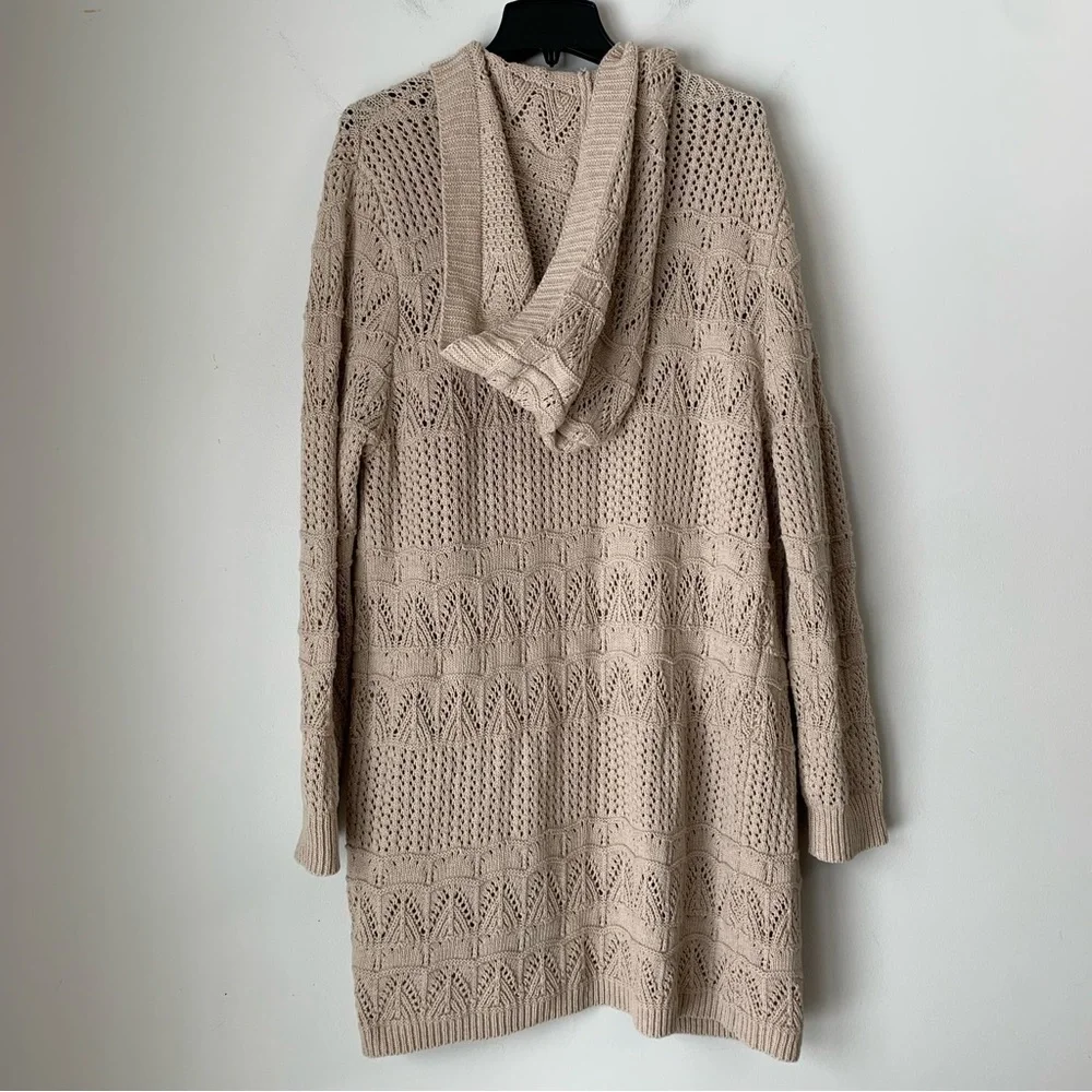 POL Crochet Knit Hooded Open Front Long Cardigan Tan Size M